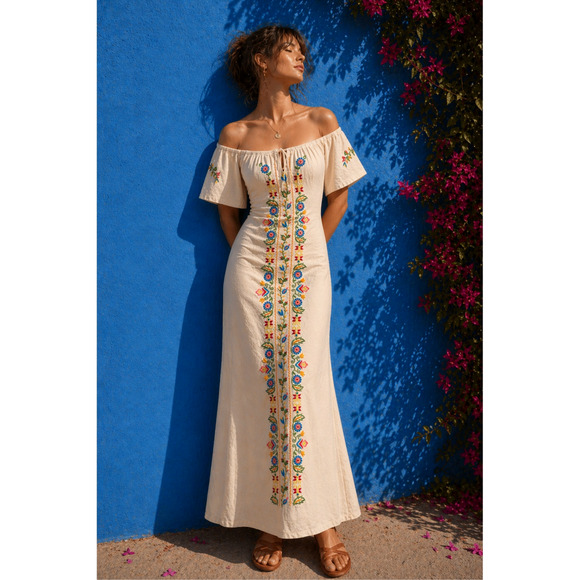 Mary Vi Barbados Dresses & Skirts - Vintage Mary Vi BARBADOS Floral Embroidered Maxi Dress Mexico Folk Cotton MINT M